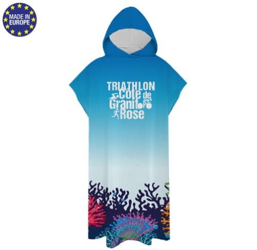 Poncho microfibre à capuche en microfibre absorbante personalisation intégrale en sublimation