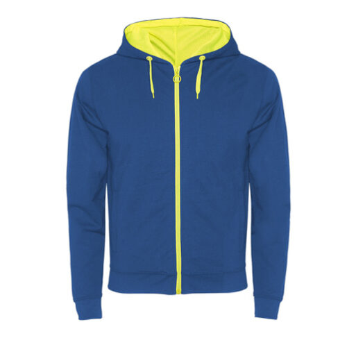 T46 sweat à capuche et à zip, bicolore bleu et jaune, personnalisable par sérigraphie